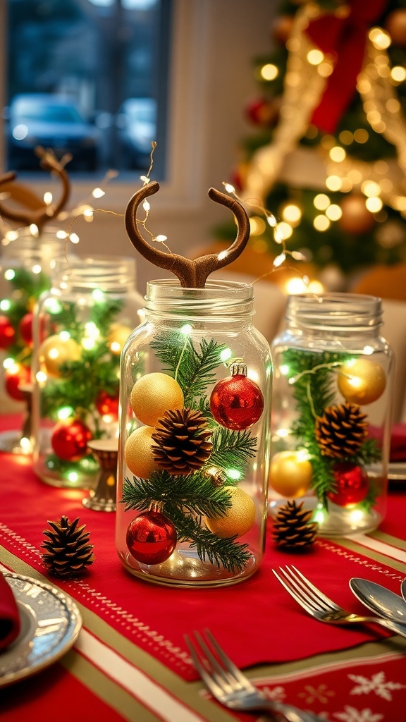 Decorated glass jars with Christmas ornaments and lights on a festive dining table.